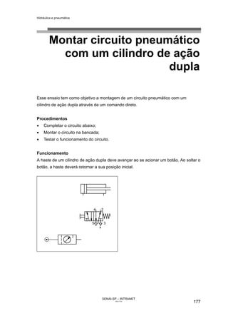 Hidráulica e pneumática
SENAI-SP – INTRANET
AA217-05
177
Montar circuito pneumático
com um cilindro de ação
dupla
Esse ensaio tem como objetivo a montagem de um circuito pneumático com um
cilindro de ação dupla através de um comando direto.
Procedimentos
• Completar o circuito abaixo;
• Montar o circuito na bancada;
• Testar o funcionamento do circuito.
Funcionamento
A haste de um cilindro de ação dupla deve avançar ao se acionar um botão. Ao soltar o
botão, a haste deverá retornar a sua posição inicial.
 