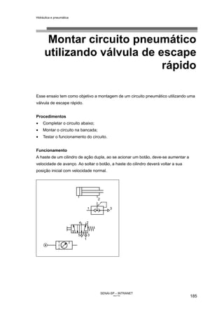 Hidráulica e pneumática
SENAI-SP – INTRANET
AA217-05
185
Montar circuito pneumático
utilizando válvula de escape
rápido
Esse ensaio tem como objetivo a montagem de um circuito pneumático utilizando uma
válvula de escape rápido.
Procedimentos
• Completar o circuito abaixo;
• Montar o circuito na bancada;
• Testar o funcionamento do circuito.
Funcionamento
A haste de um cilindro de ação dupla, ao se acionar um botão, deve-se aumentar a
velocidade de avanço. Ao soltar o botão, a haste do cilindro deverá voltar a sua
posição inicial com velocidade normal.
 