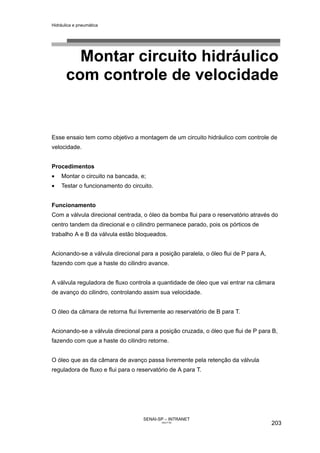 Hidráulica e pneumática
SENAI-SP – INTRANET
AA217-05
203
Montar circuito hidráulico
com controle de velocidade
Esse ensaio tem como objetivo a montagem de um circuito hidráulico com controle de
velocidade.
Procedimentos
• Montar o circuito na bancada, e;
• Testar o funcionamento do circuito.
Funcionamento
Com a válvula direcional centrada, o óleo da bomba flui para o reservatório através do
centro tandem da direcional e o cilindro permanece parado, pois os pórticos de
trabalho A e B da válvula estão bloqueados.
Acionando-se a válvula direcional para a posição paralela, o óleo flui de P para A,
fazendo com que a haste do cilindro avance.
A válvula reguladora de fluxo controla a quantidade de óleo que vai entrar na câmara
de avanço do cilindro, controlando assim sua velocidade.
O óleo da câmara de retorna flui livremente ao reservatório de B para T.
Acionando-se a válvula direcional para a posição cruzada, o óleo que flui de P para B,
fazendo com que a haste do cilindro retorne.
O óleo que as da câmara de avanço passa livremente pela retenção da válvula
reguladora de fluxo e flui para o reservatório de A para T.
 