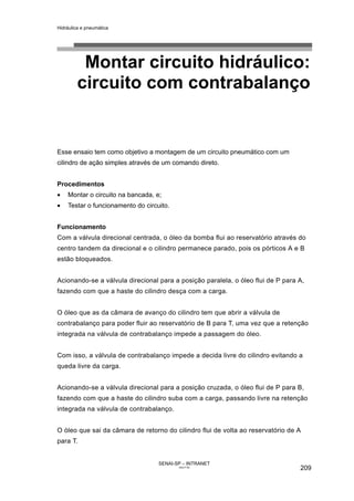 Hidráulica e pneumática
SENAI-SP – INTRANET
AA217-05
209
Montar circuito hidráulico:
circuito com contrabalanço
Esse ensaio tem como objetivo a montagem de um circuito pneumático com um
cilindro de ação simples através de um comando direto.
Procedimentos
• Montar o circuito na bancada, e;
• Testar o funcionamento do circuito.
Funcionamento
Com a válvula direcional centrada, o óleo da bomba flui ao reservatório através do
centro tandem da direcional e o cilindro permanece parado, pois os pórticos A e B
estão bloqueados.
Acionando-se a válvula direcional para a posição paralela, o óleo flui de P para A,
fazendo com que a haste do cilindro desça com a carga.
O óleo que as da câmara de avanço do cilindro tem que abrir a válvula de
contrabalanço para poder fluir ao reservatório de B para T, uma vez que a retenção
integrada na válvula de contrabalanço impede a passagem do óleo.
Com isso, a válvula de contrabalanço impede a decida livre do cilindro evitando a
queda livre da carga.
Acionando-se a válvula direcional para a posição cruzada, o óleo flui de P para B,
fazendo com que a haste do cilindro suba com a carga, passando livre na retenção
integrada na válvula de contrabalanço.
O óleo que sai da câmara de retorno do cilindro flui de volta ao reservatório de A
para T.
 