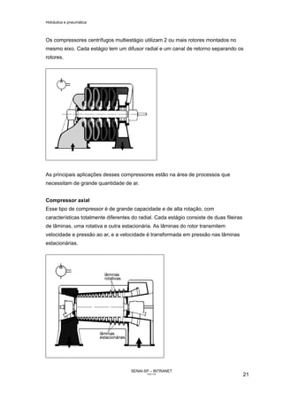 Hidráulica e pneumática
SENAI-SP – INTRANET
AA217-05
21
Os compressores centrífugos multiestágio utilizam 2 ou mais rotores montados no
mesmo eixo. Cada estágio tem um difusor radial e um canal de retorno separando os
rotores.
As principais aplicações desses compressores estão na área de processos que
necessitam de grande quantidade de ar.
Compressor axial
Esse tipo de compressor é de grande capacidade e de alta rotação, com
características totalmente diferentes do radial. Cada estágio consiste de duas fileiras
de lâminas, uma rotativa e outra estacionária. As lâminas do rotor transmitem
velocidade e pressão ao ar, e a velocidade é transformada em pressão nas lâminas
estacionárias.
 
