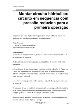 Hidráulica e pneumática
SENAI-SP – INTRANET
AA217-05
211
Montar circuito hidráulico:
circuito em seqüência com
pressão reduzida para a
primeira operação
Esse ensaio tem como objetivo a montagem de um circuito hidráulico: circuito em
seqüência com pressão reduzida para a primeira operação.
Procedimentos
• Montar o circuito na bancada, e;
Testar o funcionamento do circuito.
Funcionamento
Com a válvula direcional centrada, o óleo da bomba flui ao reservatório através do
centro tandem da direcional.
Os dois cilindros permanecem parados pois os pórticos de trabalho A e B estão
bloqueados.
Acionando-se a válvula direcional para a posição paralela, o óleo flui de P para A e,
a partir daí, passa a ter dois caminhos para percorrer: ou ele tem sua pressão
reduzida para poder avançar o cilindro A ou tenta abrir a válvula de seqüência para
poder avançar o cilindro B.
A válvula redutora de pressão calibra a pressão reduzida desejada para o avanço
do cilindro A.
Desde que a válvula de seqüência esteja calibrada com uma pressão intermediária,
isto é, maior que a pressão ajustada na válvula redutora e menor que a pressão
principal ajustada na válvula de segurança, o cilindro A avança.
Quando o cilindro A alcança o final do curso, o óleo abre a válvula de seqüência e,
somente então, o cilindro B passa a avançar.
 