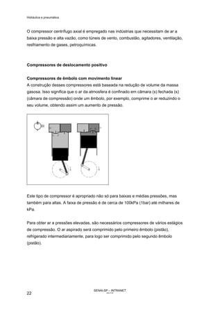 Hidráulica e pneumática
SENAI-SP – INTRANET
AA217-05
22
O compressor centrífugo axial é empregado nas indústrias que necessitam de ar a
baixa pressão e alta vazão, como túneis de vento, combustão, agitadores, ventilação,
resfriamento de gases, petroquímicas.
Compressores de deslocamento positivo
Compressores de êmbolo com movimento linear
A construção desses compressores está baseada na redução de volume da massa
gasosa. Isso significa que o ar da atmosfera é confinado em câmara (s) fechada (s)
(câmara de compressão) onde um êmbolo, por exemplo, comprime o ar reduzindo o
seu volume, obtendo assim um aumento de pressão.
Este tipo de compressor é apropriado não só para baixas e médias pressões, mas
também para altas. A faixa de pressão é de cerca de 100kPa (1bar) até milhares de
kPa.
Para obter ar a pressões elevadas, são necessários compressores de vários estágios
de compressão. O ar aspirado será comprimido pelo primeiro êmbolo (pistão),
refrigerado intermediariamente, para logo ser comprimido pelo segundo êmbolo
(pistão).
 