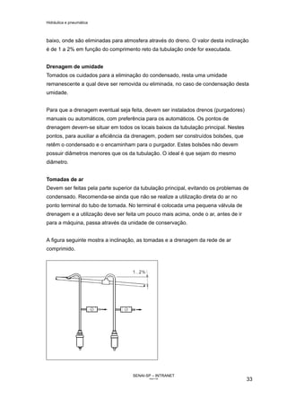 Hidráulica e pneumática
SENAI-SP – INTRANET
AA217-05
33
baixo, onde são eliminadas para atmosfera através do dreno. O valor desta inclinação
é de 1 a 2% em função do comprimento reto da tubulação onde for executada.
Drenagem de umidade
Tomados os cuidados para a eliminação do condensado, resta uma umidade
remanescente a qual deve ser removida ou eliminada, no caso de condensação desta
umidade.
Para que a drenagem eventual seja feita, devem ser instalados drenos (purgadores)
manuais ou automáticos, com preferência para os automáticos. Os pontos de
drenagem devem-se situar em todos os locais baixos da tubulação principal. Nestes
pontos, para auxiliar a eficiência da drenagem, podem ser construídos bolsões, que
retêm o condensado e o encaminham para o purgador. Estes bolsões não devem
possuir diâmetros menores que os da tubulação. O ideal é que sejam do mesmo
diâmetro.
Tomadas de ar
Devem ser feitas pela parte superior da tubulação principal, evitando os problemas de
condensado. Recomenda-se ainda que não se realize a utilização direta do ar no
ponto terminal do tubo de tomada. No terminal é colocada uma pequena válvula de
drenagem e a utilização deve ser feita um pouco mais acima, onde o ar, antes de ir
para a máquina, passa através da unidade de conservação.
A figura seguinte mostra a inclinação, as tomadas e a drenagem da rede de ar
comprimido.
 