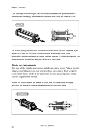 Hidráulica e pneumática
SENAI-SP – INTRANET
AA217-05
38
Com o escape de ar restringido, cria-se uma sobrepressão que, para ser vencida,
absorve parte da energia, resultando em perda de velocidade nos finais de curso.
Em muitas aplicações industriais os cilindros convencionais de ação simples e ação
dupla não podem ser utilizados satisfatoriamente. Para esses casos foram
desenvolvidos cilindros diferenciados dos padrões normais, ou cilindros especiais: com
haste passante, de múltiplas posições, de impacto, sem haste.
Cilindro com haste passante
Com este cilindro trabalha-se em ambos os lados ao mesmo tempo. Pode-se também
utilizar um dos lados somente para acionamento de elementos de Sinal. Um ponto
positivo deste tipo de cilindro é, por possuir dois mancais de apoio para as hastes,
suportar cargas laterais maiores.
Porém, por possuir hastes em ambos os lados, tem sua capacidade de forças
reduzidas em relação a cilindros convencionais com uma única haste.
 