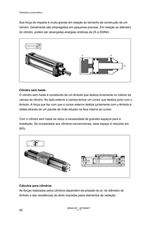 Hidráulica e pneumática
SENAI-SP – INTRANET
AA217-05
40
Sua força de impacto é muito grande em relação ao tamanho de construção de um
cilindro. Geralmente são empregados em pequenas prensas. Em relação ao diâmetro
do cilindro, podem ser alcançadas energias cinéticas de 25 a 500Nm.
Cilindro sem haste
O cilindro sem haste é constituído de um êmbolo que desliza livremente no interior da
camisa do cilindro. No lado externo à camisa temos um cursor que desliza junto com o
êmbolo. A força que faz com que o cursor externo deslize juntamente com o êmbolo é
obtida através de um pacote de ímãs situado na face interna ao cursor.
Com o cilindro sem haste se reduz a necessidade de grandes espaços para a
instalação. Se comparados aos cilindros convencionais, esse espaço é reduzido em
50%.
Cálculos para cilindros
As forças realizadas pelos cilindros dependem da pressão do ar, do diâmetro do
êmbolo e das resistências de atrito impostas pelos elementos de vedação.
 
