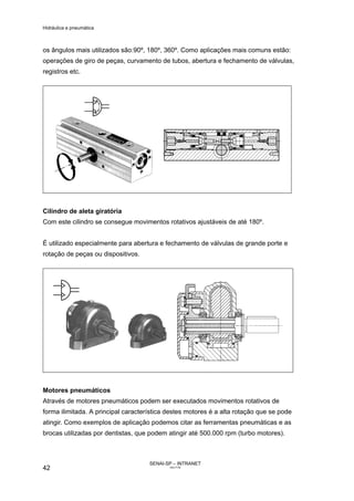 Hidráulica e pneumática
SENAI-SP – INTRANET
AA217-05
42
os ângulos mais utilizados são:90º, 180º, 360º. Como aplicações mais comuns estão:
operações de giro de peças, curvamento de tubos, abertura e fechamento de válvulas,
registros etc.
Cilindro de aleta giratória
Com este cilindro se consegue movimentos rotativos ajustáveis de até 180º.
É utilizado especialmente para abertura e fechamento de válvulas de grande porte e
rotação de peças ou dispositivos.
Motores pneumáticos
Através de motores pneumáticos podem ser executados movimentos rotativos de
forma ilimitada. A principal característica destes motores é a alta rotação que se pode
atingir. Como exemplos de aplicação podemos citar as ferramentas pneumáticas e as
brocas utilizadas por dentistas, que podem atingir até 500.000 rpm (turbo motores).
 