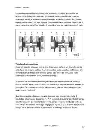 Hidráulica e pneumática
SENAI-SP – INTRANET
AA217-05
57
é comutada alternadamente por impulsos, mantendo a posição de comando até
receber um novo impulso (biestável). O pistão de comando desloca-se, como no
sistema de corrediça, ao ser submetido à pressão. No centro do pistão de comando
encontra-se um prato com anel vedante, o qual seleciona os canais de trabalho A e B,
com o canal de entrada P de pressão. A exaustão é feita por meio dos canais R ou S.
Válvulas eletromagnéticas
Estas válvulas são utilizadas onde o sinal de comando parte de um timer elétrico, de
uma chave fim de curso elétrica, de um pressostato ou de aparelhos eletrônicos. Em
comandos com distância relativamente grande e de tempo de comutação curto,
escolhe-se na maioria dos casos, comando elétrico.
As válvulas de acionamento eletromagnético dividem-se em válvulas de comando
direto e indireto. As de comando direto são usadas apenas para pequenas secções de
passagem. Para passagens maiores são usadas as válvulas eletromagnéticas com
servocomando (indireto).
Quando energizada a bobina, o induzido é puxado para cima contra a mola. O
resultado é a interligação dos canais P e A. A extremidade superior do induzido fecha o
canal R. Cessando o acionamento da bobina, a mola pressiona o induzido contra a
sede inferior da válvula e interrompe a ligação de P para A. O ar do canal de trabalho A
escapa por R. Esta válvula tem cruzamento de ar. O tempo de atuação é curto.
 
