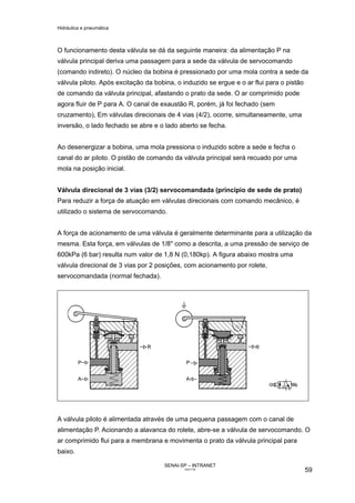 Hidráulica e pneumática
SENAI-SP – INTRANET
AA217-05
59
O funcionamento desta válvula se dá da seguinte maneira: da alimentação P na
válvula principal deriva uma passagem para a sede da válvula de servocomando
(comando indireto). O núcleo da bobina é pressionado por uma mola contra a sede da
válvula piloto. Após excitação da bobina, o induzido se ergue e o ar flui para o pistão
de comando da válvula principal, afastando o prato da sede. O ar comprimido pode
agora fluir de P para A. O canal de exaustão R, porém, já foi fechado (sem
cruzamento), Em válvulas direcionais de 4 vias (4/2), ocorre, simultaneamente, uma
inversão, o lado fechado se abre e o lado aberto se fecha.
Ao desenergizar a bobina, uma mola pressiona o induzido sobre a sede e fecha o
canal do ar piloto. O pistão de comando da válvula principal será recuado por uma
mola na posição inicial.
Válvula direcional de 3 vias (3/2) servocomandada (princípio de sede de prato)
Para reduzir a força de atuação em válvulas direcionais com comando mecânico, é
utilizado o sistema de servocomando.
A força de acionamento de uma válvula é geralmente determinante para a utilização da
mesma. Esta força, em válvulas de 1/8" como a descrita, a uma pressão de serviço de
600kPa (6 bar) resulta num valor de 1,8 N (0,180kp). A figura abaixo mostra uma
válvula direcional de 3 vias por 2 posições, com acionamento por rolete,
servocomandada (normal fechada).
A válvula piloto é alimentada através de uma pequena passagem com o canal de
alimentação P. Acionando a alavanca do rolete, abre-se a válvula de servocomando. O
ar comprimido flui para a membrana e movimenta o prato da válvula principal para
baixo.
 