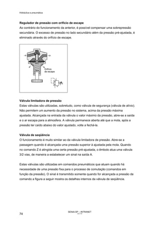Hidráulica e pneumática
SENAI-SP – INTRANET
AA217-05
74
Regulador de pressão com orifício de escape
Ao contrário do funcionamento da anterior, é possível compensar uma sobrepressão
secundária. O excesso de pressão no lado secundário além da pressão pré-ajustada, é
eliminado através do orifício de escape.
Válvula Iimitadora de pressão
Estas válvulas são utilizadas, sobretudo, como válvula de segurança (válvula de alívio).
Não permitem um aumento da pressão no sistema, acima da pressão máxima
ajustada. Alcançada na entrada da válvula o valor máximo da pressão, abre-se a saída
e o ar escapa para a atmosfera. A válvula permanece aberta até que a mola, após a
pressão ter caído abaixo do valor ajustado, volte a fechá-la.
Válvula de seqüência
O funcionamento é muito similar ao da válvula limitadora de pressão. Abre-se a
passagem quando é alcançada uma pressão superior à ajustada pela mola. Quando
no comando Z é atingida uma certa pressão pré-ajustada, o êmbolo atua uma válvula
3/2 vias, de maneira a estabelecer um sinal na saída A.
Estas válvulas são utilizadas em comandos pneumáticos que atuam quando há
necessidade de uma pressão fixa para o processo de comutação (comandos em
função da pressão). O sinal é transmitido somente quando for alcançada a pressão de
comando a figura a seguir mostra os detalhes internos da válvula de seqüência.
 