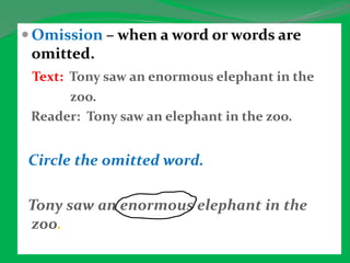  Omission – when a word or words are
omitted.
Text: Tony saw an enormous elephant in the
zoo.
Reader: Tony saw an elephant in the zoo.
Circle the omitted word.
Tony saw an enormous elephant in the
zoo.
 