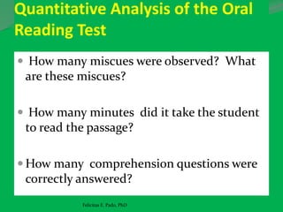 Quantitative Analysis of the Oral
Reading Test
 How many miscues were observed? What
are these miscues?
 How many minutes did it take the student
to read the passage?
 How many comprehension questions were
correctly answered?
Felicitas E. Pado, PhD
 