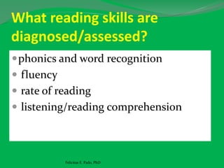 What reading skills are
diagnosed/assessed?
phonics and word recognition
 fluency
 rate of reading
 listening/reading comprehension
Felicitas E. Pado, PhD
 