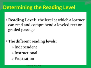Determining the Reading Level
 Reading Level: the level at which a learner
can read and comprehend a leveled text or
graded passage
 The different reading levels:
 Independent
 Instructional
 Frustration
Felicitas E. Pado, PhD
 