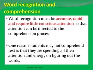 Word recognition and
comprehension
 Word recognition must be accurate, rapid
and require little conscious attention so that
attention can be directed to the
comprehension process
 One reason students may not comprehend
text is that they are spending all their
attention and energy on figuring out the
words.
Felicitas E. Pado, PhD
 