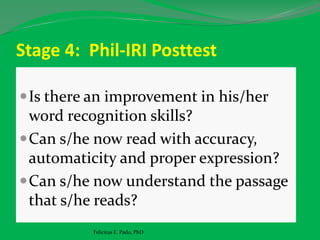 Stage 4: Phil-IRI Posttest
Is there an improvement in his/her
word recognition skills?
Can s/he now read with accuracy,
automaticity and proper expression?
Can s/he now understand the passage
that s/he reads?
Felicitas E. Pado, PhD
 