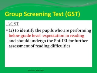 Group Screening Test (GST)
..GST
 (2) to identify the pupils who are performing
below grade level expectation in reading
and should undergo the Phi-IRI for further
assessment of reading difficulties
Felicitas E. Pado, PhD
 