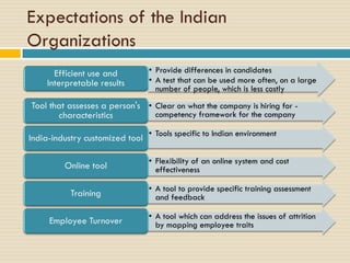 Expectations of the Indian
Organizations
• Provide differences in candidates
• A test that can be used more often, on a large
number of people, which is less costly
• Clear on what the company is hiring for -
competency framework for the company
• Tools specific to Indian environment
• Flexibility of an online system and cost
effectiveness
• A tool to provide specific training assessment
and feedback
• A tool which can address the issues of attrition
by mapping employee traits
 