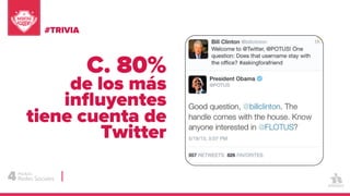 C. 80%
de los más
influyentes
tiene cuenta de
Twitter
4Redes Sociales
Módulo
#TRIVIA
 