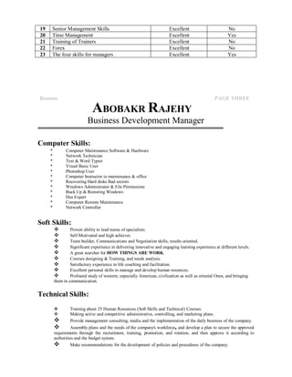 19 Senior Management Skills Excellent No 
20 Time Management Excellent Yes 
21 Training of Trainers Excellent No 
22 Forex Excellent No 
23 The four skills for managers Excellent Yes 
Resume PAGE THREE 
ABOBAKRRAJEHY 
Business Development Manager 
Computer Skills: 
* Computer Maintenance Software & Hardware 
* Network Technician 
* Text &Word Typist 
* Visual Basic User 
* Photoshop User 
* Computer Instructor in maintenance & office 
* Recovering Hard disks Bad sectors 
* Windows Administrator & File Permissions 
* Buck Up & RestoringWindows 
* Dos Expert 
* Computer Remote Maintenance 
* Network Controller 
Soft Skills: 
 Proven ability to lead teams of specialists. 
 Self-Motivated and high achiever. 
 Team builder, Communications and Negotiation skills, results oriented. 
 Significant experience in delivering innovative and engaging learning experience at different levels. 
 A great searcher for HOWTHINGS ARE WORK. 
 Courses designing & Training, and needs analysis. 
 Satisfactory experience in life coaching and facilitation. 
 Excellent personal skills to manage and develop human resources. 
 Profound study of western, especially American, civilization as well as oriental Ones, and bringing 
them in communication. 
Technical Skills: 
 Training about 25 Human Resources (Soft Skills and Technical) Courses. 
 Making active and competitive administrative, controlling, and marketing plans. 
 Provide management consulting, media and the implementation of the daily business of the company. 
 Assembly plans and the needs of the company's workforce, and develop a plan to secure the approved 
requirements through the recruitment, training, promotion, and rotation, and then approve it according to 
authorities and the budget system. 
 Make recommendations for the development of policies and procedures of the company. 
 