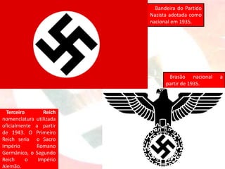 Bandeira do Partido
Nazista adotada como
nacional em 1935.
Brasão nacional a
partir de 1935.
Terceiro Reich
nomenclatura utilizada
oficialmente a partir
de 1943. O Primeiro
Reich seria o Sacro
Império Romano
Germânico, o Segundo
Reich o Império
Alemão.
 