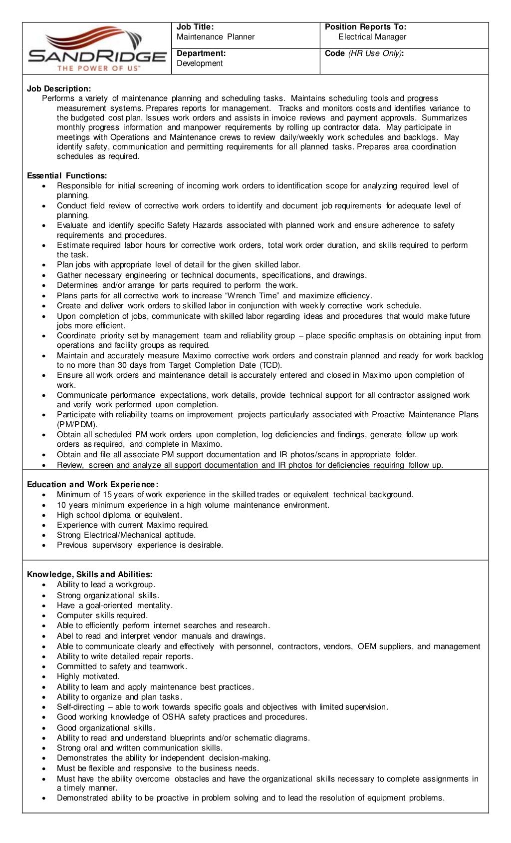 Job Description Maintenance Planner