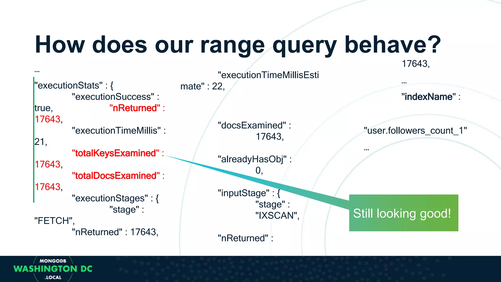 How does our range query behave?
…
"executionStats" : {
"executionSuccess" :
true, "nReturned" :
17643,
"executionTimeMillis" :
21,
"totalKeysExamined" :
17643,
"totalDocsExamined" :
17643,
"executionStages" : {
"stage" :
"FETCH",
"nReturned" : 17643,
"executionTimeMillisEsti
mate" : 22,
"docsExamined" :
17643,
"alreadyHasObj" :
0,
"inputStage" : {
"stage" :
"IXSCAN",
"nReturned" :
17643,
…
"indexName" :
"user.followers_count_1"
…
Still looking good!
 