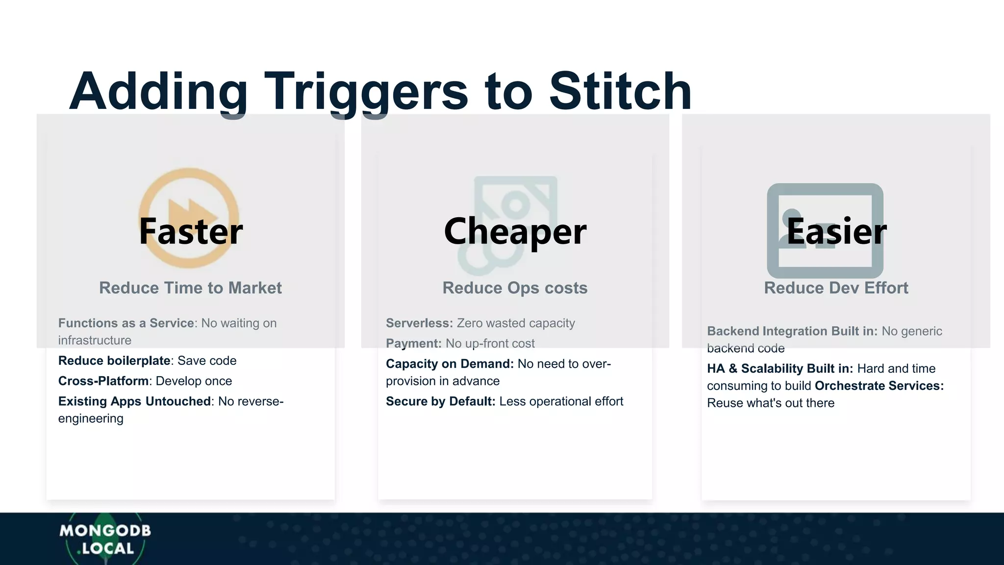 Adding Triggers to Stitch
Reduce Time to Market
Functions as a Service: No waiting on
infrastructure
Reduce boilerplate: Save code
Cross-Platform: Develop once
Existing Apps Untouched: No reverse-
engineering
Reduce Ops costs
Serverless: Zero wasted capacity
Payment: No up-front cost
Capacity on Demand: No need to over-
provision in advance
Secure by Default: Less operational effort
Reduce Dev Effort
Backend Integration Built in: No generic
backend code
HA & Scalability Built in: Hard and time
consuming to build Orchestrate Services:
Reuse what's out there
Faster Cheaper Easier
 