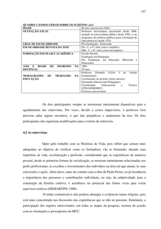 157
QUADRO 3. DADOS GERAIS SOBRE OS SUJEITOS: José
IDADE 66 anos (nasceu em 1944)
OCUPAÇÃO ATUAL Professor universitário aposentado desde 2006,
atuando na universidade pública desde 1992, e em
programas de políticas públicas para a formação de
educadores(as) desde 1976.
GRAU DE ESCOLARIDADE Pós Graduação - Doutorado
ESCOLARIDADE DO PAI E DA MÃE Pai: 1ª. a 4ª. série (curso completo)
Mãe: 1ª. a 4ª. série (curso incompleto)
FORMAÇÃO ESCOLAR E ACADÊMICA Escola Normal
Graduação em Pedagogia
Pós Graduação em Educação (Mestrado e
Doutorado)
ANO E IDADE DE INGRESSO NA
DOCÊNCIA
1964
20 anos
MODALIDADES DE TRABALHO NA
EDUCAÇÃO
Professor Primário (Ciclo I do Ensino
Fundamental)
Coordenador de período (séries iniciais)
Orientador Educacional Pedagógico
Coordenador Educacional e Técnico
(CENAFOR/MEC)
Professor universitário
Os dois participantes sempre se mostraram inteiramente disponíveis para o
agendamento das entrevistas. Por vezes, devido a certos imprevistos, o professor José
precisou adiar alguns encontros, o que não prejudicou o andamento da tese. Os dois
participantes não sugeriram modificações para o roteiro de entrevista.
4.2 As entrevistas
Optei pelo trabalho com as Histórias de Vida, pois refleti que seriam mais
adequadas ao objetivo de verificar como os formadores vão se formando, durante suas
trajetórias de vida, escolarização e profissão, considerando que as experiências de natureza
pessoal, desde as primeiras formas de socialização, se mostram intimamente relacionadas aos
perfis profissionais, às escolhas e investimentos dos indivíduos na área em que atuam, às suas
convicções e ações. Além disso, antes do contato com a obra de Paulo Freire, eu já reconhecia
a importância dos percursos e contribuições individuais, ou seja, da subjetividade, para a
construção da história coletiva, e acreditava no potencial das fontes vivas para evitar
equívocos teóricos (DEMARTINI, 1988).
O relato comunicativo não poderia abranger e evidenciar tantas relações, pois
está mais concentrado nas discussões das experiências que se dão no presente. Entretanto, a
participação dos sujeitos entrevistados, em todas as etapas da pesquisa, ocorreu de acordo
com as orientações e pressupostos da MCC.
 