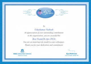 To
Udaykumar Naikodi
In appreciation of your outstanding contribution
to the organisation, you are awarded the
Best Team(26-Apr-2013)
You are an inspiring role model to your colleagues.
Thank you for your dedication and commitment.
 