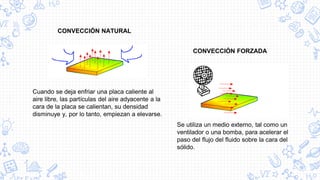 CONVECCIÓN NATURAL
CONVECCIÓN FORZADA
Cuando se deja enfriar una placa caliente al
aire libre, las partículas del aire adyacente a la
cara de la placa se calientan, su densidad
disminuye y, por lo tanto, empiezan a elevarse.
Se utiliza un medio externo, tal como un
ventilador o una bomba, para acelerar el
paso del flujo del fluido sobre la cara del
sólido.