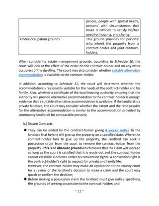 ~ 12 ~
people, people with special needs,
persons’ with circumstances that
make it difficult to satisfy his/her
need for housing, and charity.
Under-occupation grounds This ground provides for persons’
who inherit the property from a
contract-holder and joint contract-
holders.
When considering estate management grounds, according to Schedule 10, the
court will look at the effect of the order on the contract-holder and on any other
occupiers of the dwelling. The court may also consider whether suitable alternative
accommodation is available to the contract-holder.
In addition, according to Schedule 11, the court will determine whether the
accommodation is reasonably suitable for the needs of the contract-holder and his
family. Also, whether a certificate of the local housing authority ensuring that the
authority will provide alternative accommodation to the contract-holder is enough
evidence that a suitable alternative accommodation is available. If the landlord is a
private landlord, the court may consider whether the extent and the rent payable
for the alternative accommodation is similar to the accommodation provided by
community landlords for comparable persons;
b.) Secure Contracts
 They can be ended by the contract-holder giving 4 weeks’ notice to the
landlord that he/she will give up the property on a specified date. Where the
contract-holder fails to give up the property, the landlord can seek a
possession order from the court to remove the contract-holder from the
property - this is an absolute ground which means that the claim will succeed
so long as the court is satisfied that it is made out and the contract-holder
cannot establish a defence under his convention rights. A convention right is
the contract-holder’s right to respect for private and family life.
However, the contract-holder may make an application to the county court
for a review of the landlord’s decision to make a claim and the court may
quash or confirm the decision;
 Before making a possession claim the landlord must give notice specifying
the grounds of seeking possession to the contract-holder; and
 