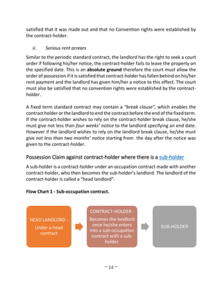 ~ 14 ~
satisfied that it was made out and that no Convention rights were established by
the contract-holder.
ii. Serious rent arrears
Similar to the periodic standard contract, the landlord has the right to seek a court
order if following his/her notice, the contract-holder fails to leave the property on
the specified date. This is an absolute ground therefore the court must allow the
order of possession if it is satisfied that contract-holder has fallen behind on his/her
rent payment and the landlord has given him/her a notice to this effect. The court
must also be satisfied that no convention rights were established by the contract-
holder.
A fixed term standard contract may contain a “break clause”, which enables the
contract holder or the landlord to end the contract before the end of the fixed term.
If the contract-holder wishes to rely on the contract-holder break clause, he/she
must give not less than four weeks’ notice to the landlord specifying an end date.
However if the landlord wishes to rely on the landlord break clause, he/she must
give not less than two months’ notice starting from the day after the notice was
given to the contract-holder.
Possession Claim against contract-holder where there is a sub-holder
A sub-holder is a contract-holder under an occupation contract made with another
contract-holder, who then becomes the sub-holder’s landlord. The landlord of the
contract-holder is called a “head landlord”.
Flow Chart 1 - Sub-occupation contract.
HEAD LANDLORD -
Under a head
contract
CONTRACT-HOLDER -
Becomes the landlord
once he/she enters
into a sub-occupation
contract with a sub-
holder.
SUB-HOLDER
 