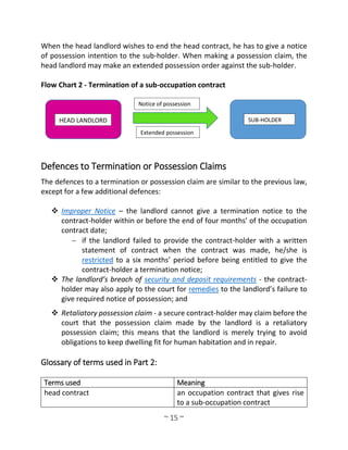 ~ 15 ~
When the head landlord wishes to end the head contract, he has to give a notice
of possession intention to the sub-holder. When making a possession claim, the
head landlord may make an extended possession order against the sub-holder.
Flow Chart 2 - Termination of a sub-occupation contract
Defences to Termination or Possession Claims
The defences to a termination or possession claim are similar to the previous law,
except for a few additional defences:
 Improper Notice – the landlord cannot give a termination notice to the
contract-holder within or before the end of four months’ of the occupation
contract date;
 if the landlord failed to provide the contract-holder with a written
statement of contract when the contract was made, he/she is
restricted to a six months’ period before being entitled to give the
contract-holder a termination notice;
 The landlord’s breach of security and deposit requirements - the contract-
holder may also apply to the court for remedies to the landlord’s failure to
give required notice of possession; and
 Retaliatory possession claim - a secure contract-holder may claim before the
court that the possession claim made by the landlord is a retaliatory
possession claim; this means that the landlord is merely trying to avoid
obligations to keep dwelling fit for human habitation and in repair.
Glossary of terms used in Part 2:
Terms used Meaning
head contract an occupation contract that gives rise
to a sub-occupation contract
HEAD LANDLORD
Notice of possession
SUB-HOLDER
Extended possession
 