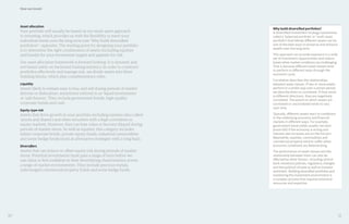 30 31
How we invest
Asset allocation
Your portfolio will usually be based on our multi-asset approach
to investing, which provides us with the flexibility to meet your
individual needs over the long term (see ‘Why build diversified
portfolios?’, opposite). The starting point for designing your portfolio
is to determine the right combination of assets (including equities
and bonds) for your investment targets and appetite for risk.
Our asset allocation framework is forward looking. It is dynamic and
not based solely on backward-looking statistics. In order to construct
portfolios effectively and manage risk, we divide assets into three
building blocks, which play complementary roles:
Liquidity
Assets likely to remain easy to buy and sell during periods of market
distress or dislocation, sometimes referred to as ‘liquid investments’
or ‘safe havens’. They include government bonds, high-quality
corporate bonds and cash.
Equity-type risk
Assets that drive growth in your portfolio including equities (also called
‘stocks and shares’) and other securities with a high correlation to
equity markets. However, they can lose value or become illiquid during
periods of market stress. As well as equities, this category includes
riskier corporate bonds, private equity funds, industrial commodities
and some hedge funds (such as alternative strategies with a long bias).
Diversifiers
Assets that can reduce or offset equity risk during periods of market
stress. Potential investments must pass a range of tests before we
can claim to feel confident in their diversifying characteristics across
a range of market environments. They include precious metals,
unleveraged commercial property funds and some hedge funds.
Why build diversified portfolios?
A diversified investment strategy (sometimes
called a ‘balanced portfolio’ or ‘multi-asset
portfolio’) that blends different assets can be
one of the best ways to preserve and enhance
wealth over the long term.
This approach can provide exposure to a wide
set of investment opportunities and reduce
losses when market conditions are challenging.
That is because different asset classes tend
to perform in different ways through the
economic cycle.
Correlation describes the relationships
between asset classes. If two or more assets
perform in a similar way over a certain period,
we describe them as correlated. If they move
in different directions, they are negatively
correlated. The extent to which assets are
correlated or uncorrelated tends to vary
over time.
Typically, different assets react to conditions
in the underlying economy and financial
markets in different ways. For example,
government bond yields usually rise (and
prices fall) if the economy is strong and
interest rate increases are on the horizon.
Meanwhile, equities, commodities and
commercial property tend to suffer when
economic conditions are deteriorating.
The performance of asset classes and the
relationship between them can also be
affected by other factors, including central
bank monetary policies, regulatory changes
and the political climate as well as investor
sentiment. Building diversified portfolios and
monitoring the investment environment is
a complex process that requires extensive
resources and expertise.
 