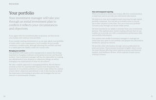 34 35
Your portfolio
Your investment manager will take you
through an initial investment plan to
confirm it reflects your circumstances
and objectives.
If you agree with the investment plan we propose, we then invest
your money and construct your portfolio.
If you transfer existing investments to us, we may adjust your portfolio
to better reflect your requirements. Such transfers do not usually
constitute a taxable event, although adjusting the portfolio can lead
to a capital gains tax liability under the current rules.
Managing your portfolio
Your portfolio will require active management to ensure the strategy
responds to changing conditions in the global economy and financial
markets. Your investment manager will also be responsible for making
any adjustments if your situation or objectives change, as well as
managing your expectations of what we can achieve.
We take a realistic approach to managing portfolios. Recent history
reminds us that the unpredictable happens more frequently than
expected, so we position portfolios to protect value within the context
of each client’s objectives and attitude to risk. It also teaches us about
the importance of investing in securities and strategies that are not
obscure or unnecessarily complex.
How we invest
Clear and transparent reporting
When you ask us to invest your money, effective communication
is important and we provide you with timely information.
We believe in clear and straightforward reporting through regular
portfolio valuations. You can ask us to email or post to you an
up-to-date valuation at any time. You can access your portfolio
24 hours a day through our secure online portal.
We have invested in our ability to monitor how your investments
perform. The sophisticated, market-leading software that we use
enables us to provide you with comprehensive performance data
and portfolio information.
Our systems also enable investment managers to manage tax
issues that may arise in your portfolio and prepare the information
needed for annual tax returns.
We provide other information through various publications in
print and online. These include Investment Insights, which covers
the main themes affecting today’s global economy and financial
markets, and Rathbones Review, which explores broader issues
relating to money.
 