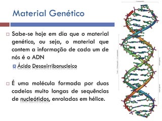 Material Genético
 Sabe-se hoje em dia que o material
genético, ou seja, o material que
contem a informação de cada um de
nós é o ADN
 Ácido Desoxirribonucleico
 É uma molécula formada por duas
cadeias muito longas de sequências
de nucleótidos, enroladas em hélice.
 
