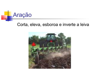 Aração
Corta, eleva, esboroa e inverte a leiva
 