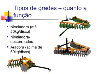 Tipos de grades – quanto a
função
 Niveladora (até
50kg/disco)
 Niveladora-
destorroadora
 Aradora (acima de
50kg/disco)
 