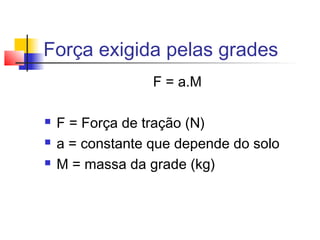Força exigida pelas grades
F = a.M
 F = Força de tração (N)
 a = constante que depende do solo
 M = massa da grade (kg)
 