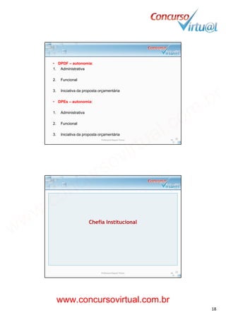 19/02/2014
18
• DPDF – autonomia:
1. Administrativa
2. Funcional
3. Iniciativa da proposta orçamentária
• DPEs – autonomia:
1. Administrativa
2. Funcional
3. Iniciativa da proposta orçamentária
Professora Raquel Tinoco 35
Chefia Institucional
Professora Raquel Tinoco 36
www.concursovirtual.com.br
www.concursovirtual.com.br
 