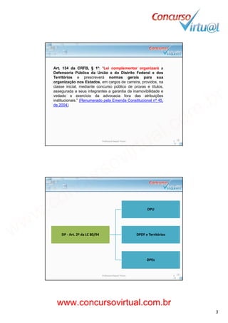 19/02/2014
3
Art. 134 da CRFB, § 1º: “Lei complementar organizará a
Defensoria Pública da União e do Distrito Federal e dos
Territórios e prescreverá normas gerais para suaTerritórios e prescreverá normas gerais para sua
organização nos Estados, em cargos de carreira, providos, na
classe inicial, mediante concurso público de provas e títulos,
assegurada a seus integrantes a garantia da inamovibilidade e
vedado o exercício da advocacia fora das atribuições
institucionais.” (Renumerado pela Emenda Constitucional nº 45,
de 2004)
Professora Raquel Tinoco 5
DPU
DP ‐ Art. 2º da LC 80/94 DPDF e Territórios
DPEs
Professora Raquel Tinoco 6
www.concursovirtual.com.br
www.concursovirtual.com.br
 