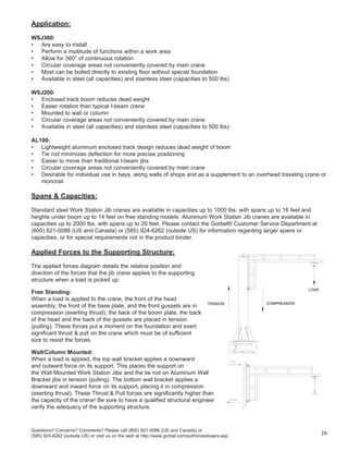 Application:
WSJ360:
• Are easy to install
• Perform a multitude of functions within a work area
• Allow for 360° of continuous rotation
• Circular coverage areas not conveniently covered by main crane
• Most can be bolted directly to existing floor without special foundation
• Available in steel (all capacities) and stainless steel (capacities to 500 lbs)
WSJ200:
• Enclosed track boom reduces dead weight
• Easier rotation than typical I-beam crane
• Mounted to wall or column
• Circular coverage areas not conveniently covered by main crane
• Available in steel (all capacities) and stainless steel (capacities to 500 lbs)
AL100:
• Lightweight aluminum enclosed track design reduces dead weight of boom
• Tie rod minimizes deflection for more precise positioning
• Easier to move than traditional I-beam jibs
• Circular coverage areas not conveniently covered by main crane
• Desirable for individual use in bays, along walls of shops and as a supplement to an overhead traveling crane or
monorail
Spans & Capacities:
Standard steel Work Station Jib cranes are available in capacities up to 1000 lbs. with spans up to 16 feet and
heights under boom up to 14 feet on free standing models. Aluminum Work Station Jib cranes are available in
capacities up to 2000 lbs. with spans up to 20 feet. Please contact the Gorbel® Customer Service Department at
(800) 821-0086 (US and Canada) or (585) 924-6262 (outside US) for information regarding larger spans or
capacities, or for special requirements not in the product binder.
Applied Forces to the Supporting Structure:
The applied forces diagram details the relative position and
direction of the forces that the jib crane applies to the supporting
structure when a load is picked up.
Free Standing:
When a load is applied to the crane, the front of the head
assembly, the front of the base plate, and the front gussets are in
compression (exerting thrust); the back of the boom plate, the back
of the head and the back of the gussets are placed in tension
(pulling). These forces put a moment on the foundation and exert
significant thrust & pull on the crane which must be of sufficient
size to resist the forces.
Wall/Column Mounted:
When a load is applied, the top wall bracket applies a downward
and outward force on its support. This places the support on
the Wall Mounted Work Station Jibs and the tie rod on Aluminum Wall
Bracket jibs in tension (pulling). The bottom wall bracket applies a
downward and inward force on its support, placing it in compression
(exerting thrust). These Thrust & Pull forces are significantly higher than
the capacity of the crane! Be sure to have a qualified structural engineer
verify the adequacy of the supporting structure.
Questions? Concerns? Comments? Please call (800) 821-0086 (US and Canada) or
(585) 924-6262 (outside US) or visit us on the web at http://www.gorbel.com/authorizedusers.asp
29
TENSION COMPRESSION
LOAD
 