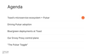 Agenda
Toast’s microservice ecosystem + Pulsar
Blue/green deployments at Toast
Driving Pulsar adoption
Our Envoy Proxy con...