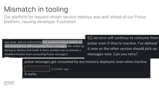 Mismatch in tooling
Our platform for request-driven service deploys was well ahead of our Pulsar
platform, causing develop...