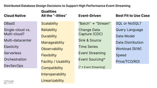 DBaaS
Single-cloud vs.
Multi-cloud?
Multi-datacenter
Elasticity
Serverless
Orchestration
DevSecOps
Scalability
Reliability
Durability
Manageability
Observability
Flexibility
Facility / Usability
Compatibility
Interoperability
Linearizability
“Batch” → “Stream”
Change Data
Capture (CDC)
Sink & Source
Time Series
Event Streaming
Event Sourcing*
[* ≠ Event Streaming]
SQL or NoSQL?
Query Language
Data Model
Data Distribution
Workload [R/W]
Speed
Price/TCO/ROI
Cloud Native
Qualities
All the “-ilities” Event-Driven Best Fit to Use Case
Distributed Database Design Decisions to Support High Performance Event Streaming
 