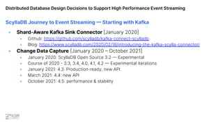 Distributed Database Design Decisions to Support High Performance Event Streaming
ScyllaDB Journey to Event Streaming — Starting with Kafka
+ Shard-Aware Kafka Sink Connector [January 2020]
+ Github: https://github.com/scylladb/kafka-connect-scylladb
+ Blog: https://www.scylladb.com/2020/02/18/introducing-the-kafka-scylla-connector/
+ Change Data Capture [January 2020 – October 2021]
+ January 2020: ScyllaDB Open Source 3.2 — Experimental
+ Course of 2020 - 3.3, 3.4, 4.0, 4.1, 4.2 — Experimental iterations
+ January 2021: 4.3: Production-ready, new API
+ March 2021: 4.4: new API
+ October 2021: 4.5: performance & stability
 