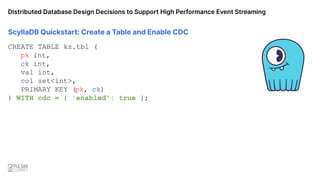 ScyllaDB Quickstart: Create a Table and Enable CDC
CREATE TABLE ks.tbl (
pk int,
ck int,
val int,
col set<int>,
PRIMARY KEY (pk, ck)
) WITH cdc = { 'enabled': true };
Distributed Database Design Decisions to Support High Performance Event Streaming
 