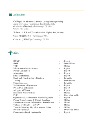 Education
College: Dr. Sivanthi Aditanar College of Engineering
Anna University, Tiruchendur, Tamil Nadu, India
Graduated: (2004-08)– Percentage: 68.10%
Grade: First Class
School: A.V.Rm.V Matriculation Higher Sec. School
Class XII (2003-04)- Percentage: 92%
Class X (2001-02)- Percentage: 79.5%
Skills
HVAC – Expert
BMS – Semi Skilled
VFD – Skilled
Microcontrollers & Sensors – Expert
Power Generation – Expert
Alternator – Expert
Site Maintenance – Expert
Electrical Construction - Erection – Potential
Testing – Semi Skilled
Commissioning – Potential
Maintenance – Protection – Expert
Project Co-ordination – Expert
All types of Motor – Expert
Induction MotorDrives – Skilled
PLC – Operation skills
Operation & Maintenance of Power System – Expert
Power Transformers & Circuit Breakers – Skilled
Protection Scheme – Generator, Transformer – Skilled
Voltage level Skills – 220KV – Skilled
Trouble-Shooting Electrical system faults – Skilled
Protection Relays – Operation Skills
Communication & Leadership – Expert
 