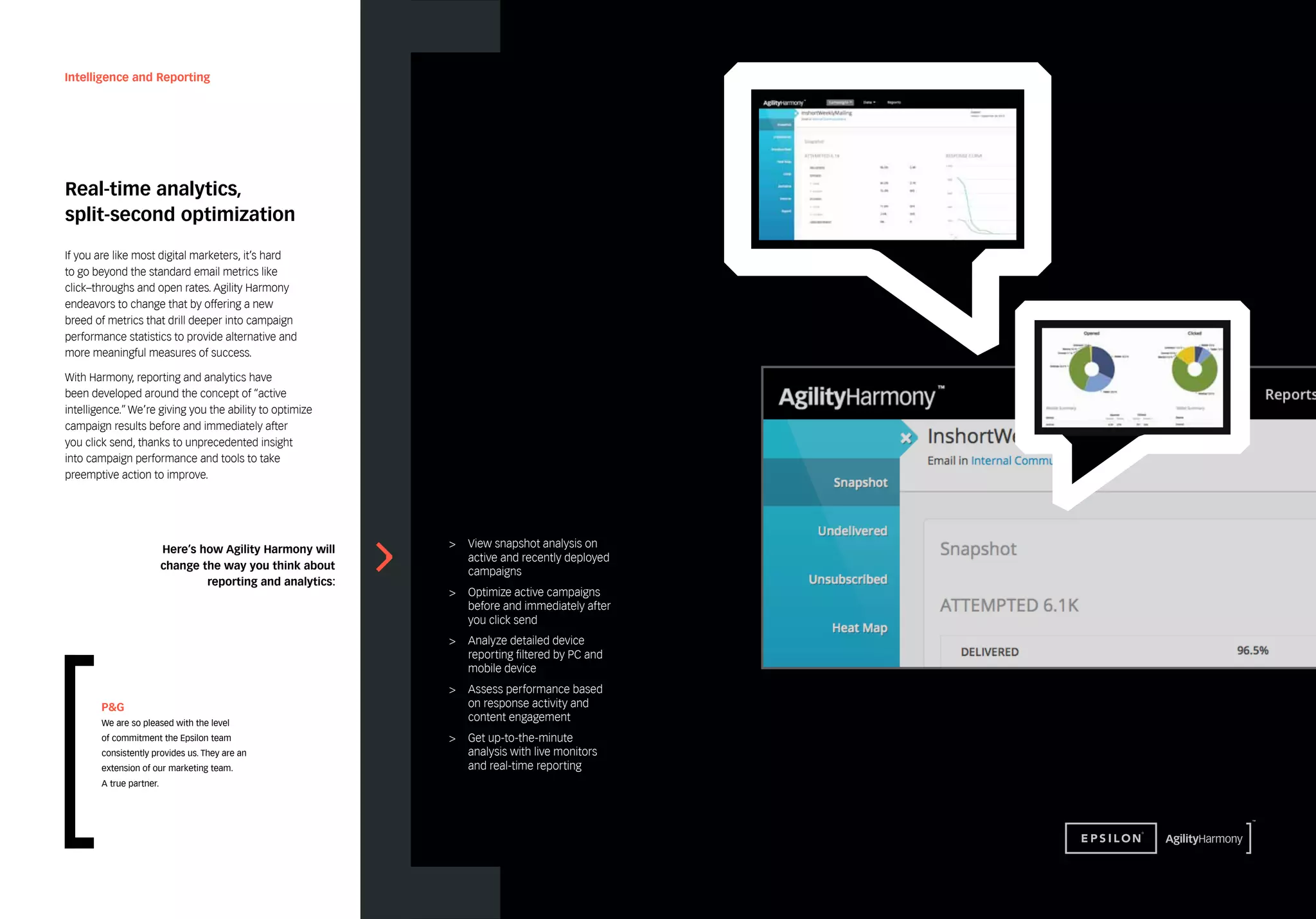 Intelligence and Reporting 
Real-time analytics, 
split-second optimization 
If you are like most digital marketers, it’s hard 
to go beyond the standard email metrics like 
click–throughs and open rates. Agility Harmony 
endeavors to change that by offering a new 
breed of metrics that drill deeper into campaign 
performance statistics to provide alternative and 
more meaningful measures of success. 
With Harmony, reporting and analytics have 
been developed around the concept of “active 
intelligence.” We’re giving you the ability to optimize 
campaign results before and immediately after 
you click send, thanks to unprecedented insight 
into campaign performance and tools to take 
preemptive action to improve. 
Here’s how Agility Harmony will 
change the way you think about 
reporting and analytics: 
> View snapshot analysis on 
active and recently deployed 
campaigns 
> Optimize active campaigns 
before and immediately after 
you click send 
> Analyze detailed device 
reporting filtered by PC and 
mobile device 
> Assess performance based 
on response activity and 
content engagement 
> Get up-to-the-minute 
analysis with live monitors 
and real-time reporting 
P&G 
We are so pleased with the level 
of commitment the Epsilon team 
consistently provides us. They are an 
extension of our marketing team. 
A true partner. 
 